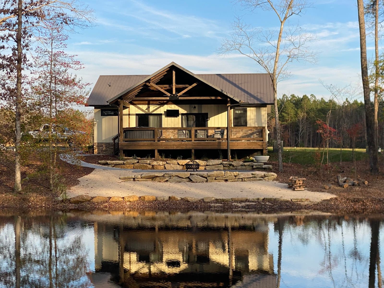 A rustic cabin with a porch reflects in a calm pond surrounded by trees.
